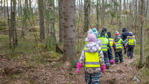 Heijastinliiviset lapset kulkevat jonossa metsässä. Kuva Dolly Aittanen