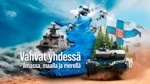 Puolustusvoimain paraatin mainoskuvassa Suomi, Suomen lippu, teksti Vahvat yhdessä ilmassa, maalla ja meressä. Image Puolustusvoimat