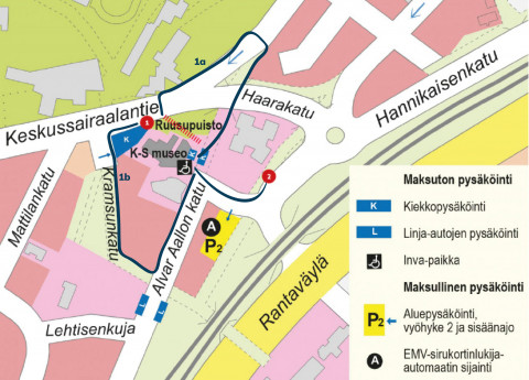 Keski-Suomen museon parkkipaikat ja reitit museolle bussipysäkeiltä. Kuva KeMu