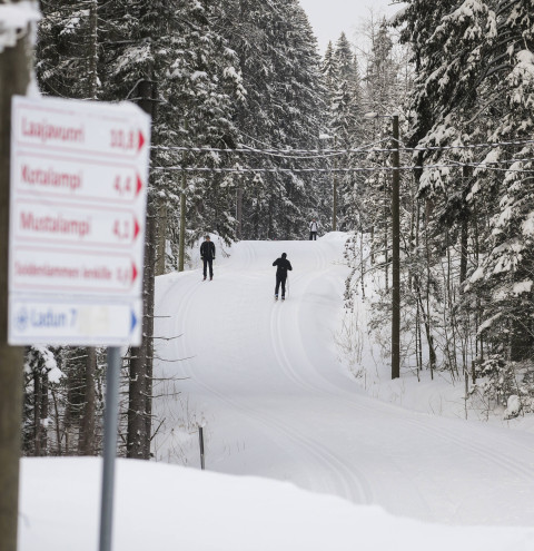 Kuvassa kolme hiihtäjää Ladun majan ladulla ja kuvan etualalla latuopasteet. Image Jyväskylän liikuntapalvelut