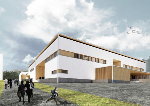 Havainnekuva vuonna 2022 valmistuvasta Kortepohjan päiväkotikoulurakennuksesta. Kuva Antti Karsikas