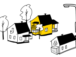 Piirroskuvassa kaksi valkoista taloa ja yksi keltainen. Kuva Linda Saukko-Rauta